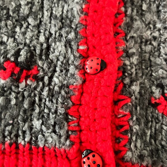 Handmade Toddler Hooded Cardigan Sweater Gray Red Ladybug Details & Buttons 2T - Picture 4 of 5